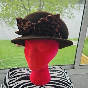 Vintage Wool Mushroom Hat With Leopard Velvet Bow Brown